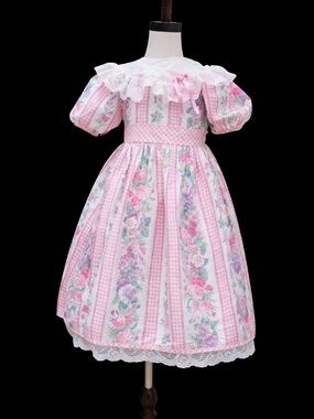 Vtg Miniworld Heirloom Pink Floral Cottagecore Easter Garden Party Dress Lace 6